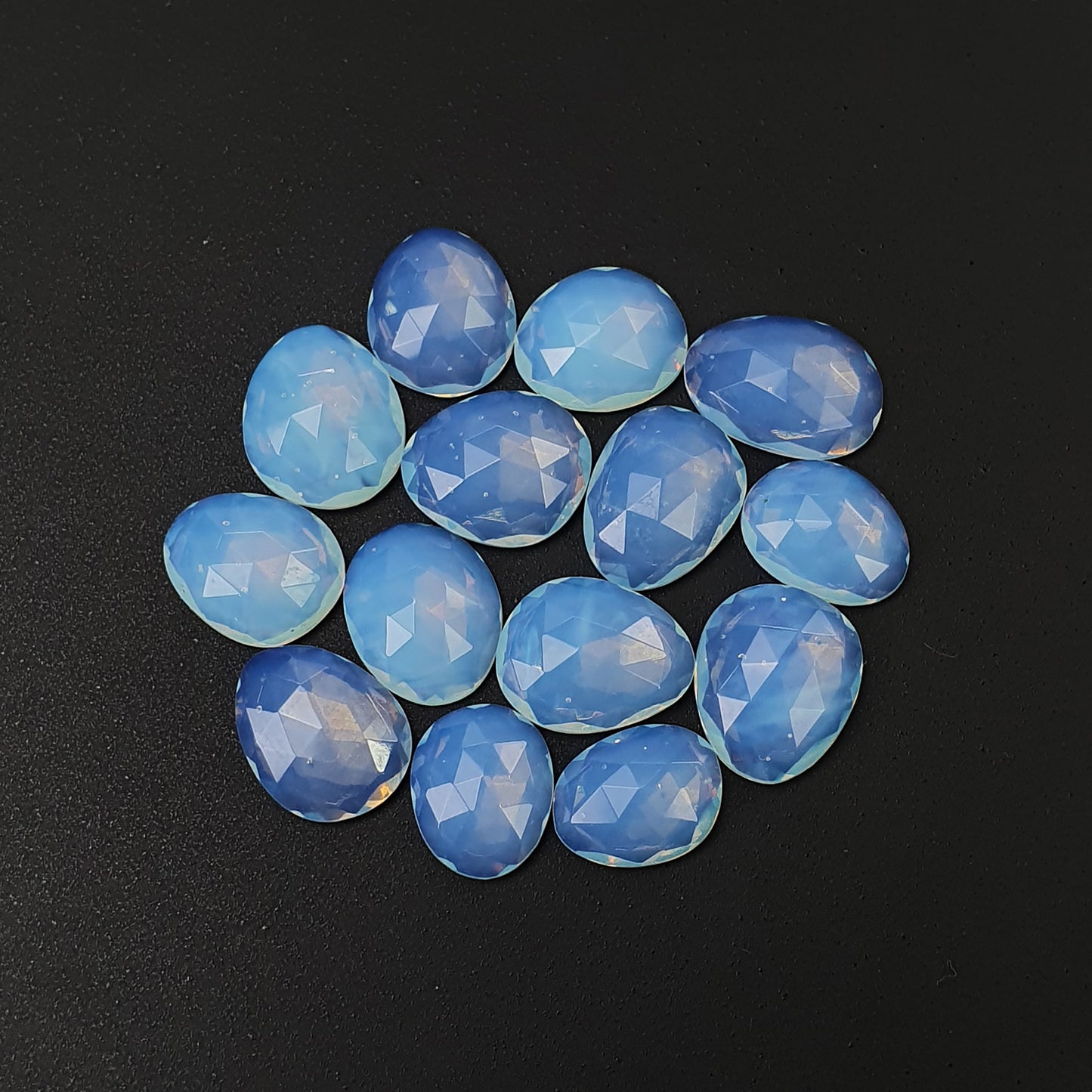 Synthetic OPALITE Gemstone Rose Cut : 48.95cts White Blue Opalite Uneven Shape 11.5*9.5mm  - 14*10mm 14pcs