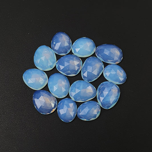 Synthetic OPALITE Gemstone Rose Cut : 48.95cts White Blue Opalite Uneven Shape 11.5*9.5mm  - 14*10mm 14pcs