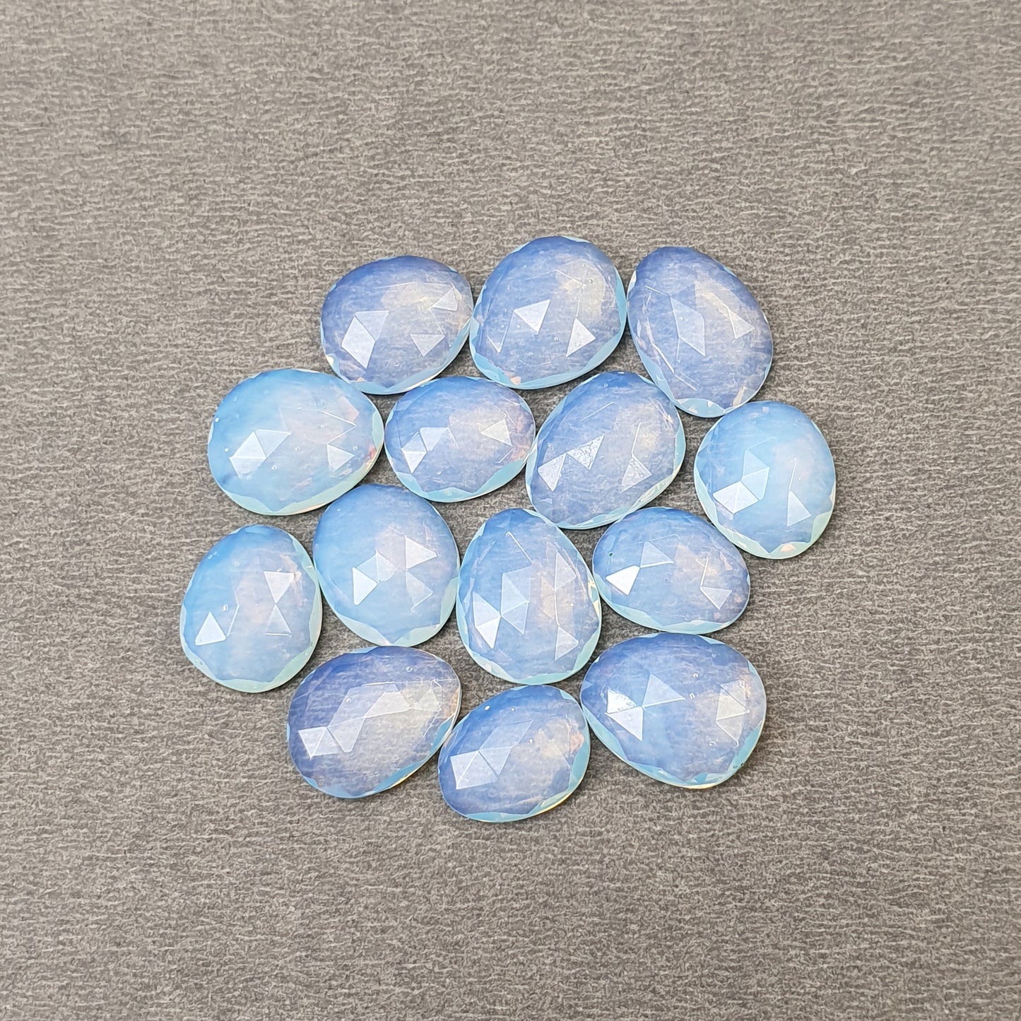 Synthetic OPALITE Gemstone Rose Cut : 48.95cts White Blue Opalite Uneven Shape 11.5*9.5mm  - 14*10mm 14pcs