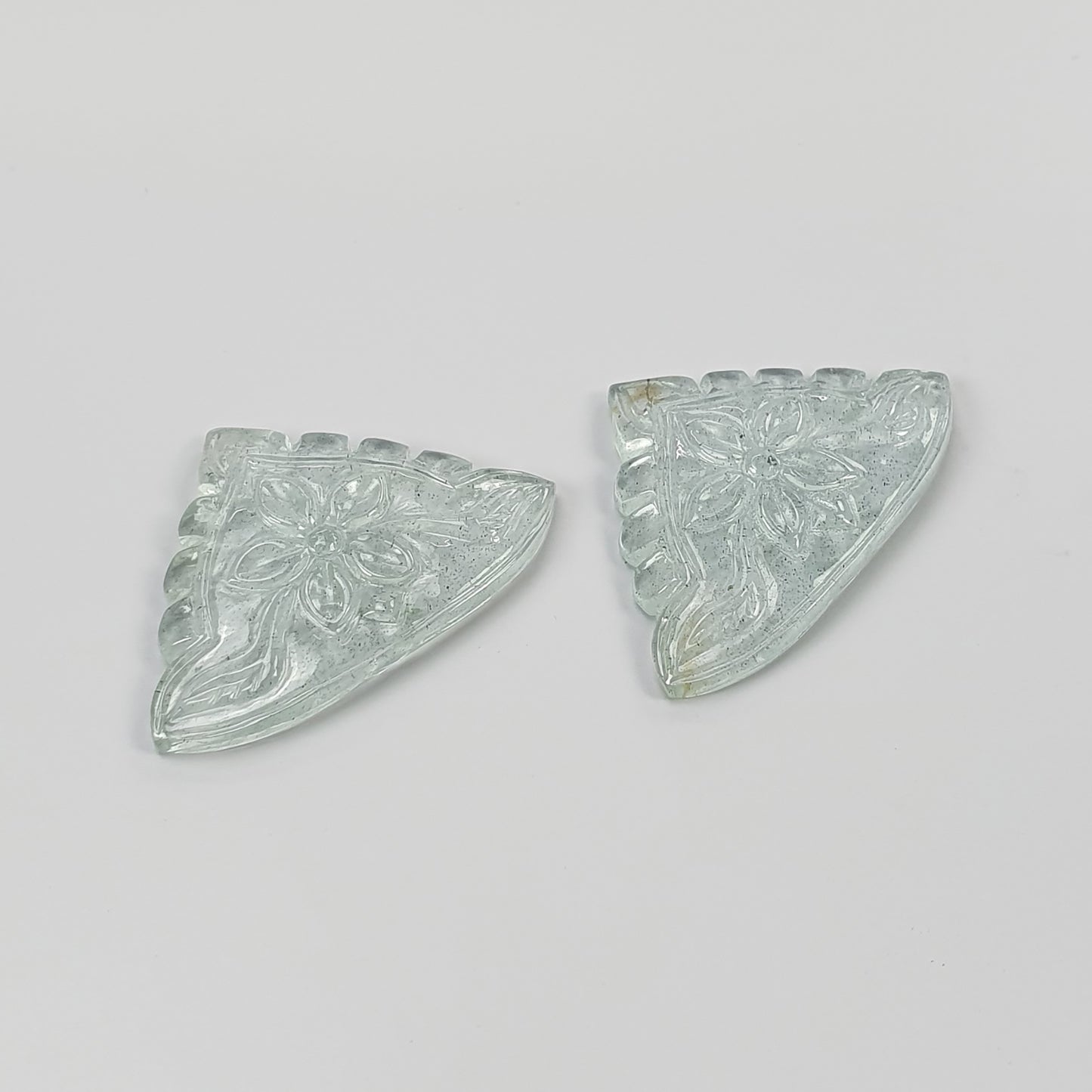 AQUAMARINE Gemstone Carving : 23.25cts Natural Untreated Blue Aquamarine Hand Carved Triangle Shape 27.5*19.5mm Pair