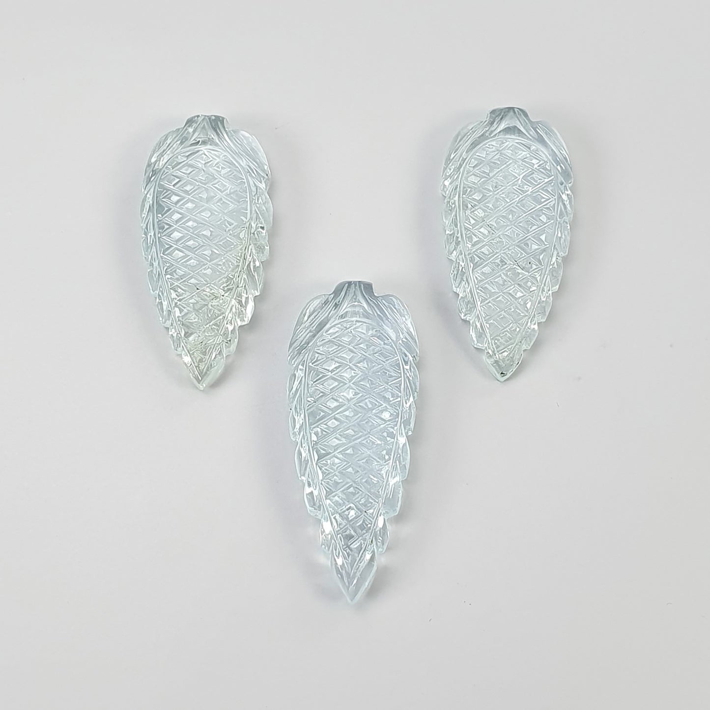 AQUAMARINE Gemstone Carving : 66.50cts Natural Untreated Milky Aqua Hand Carved Leaves 30*14.5mm - 34*14mm 3pcs