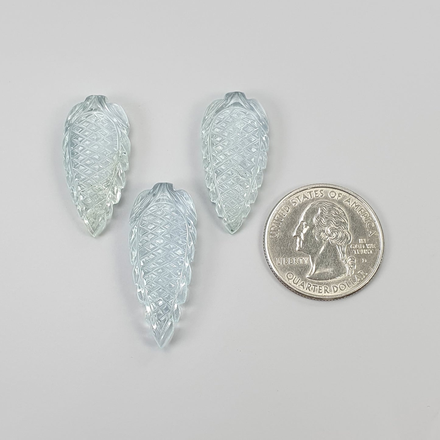 AQUAMARINE Gemstone Carving : 66.50cts Natural Untreated Milky Aqua Hand Carved Leaves 30*14.5mm - 34*14mm 3pcs