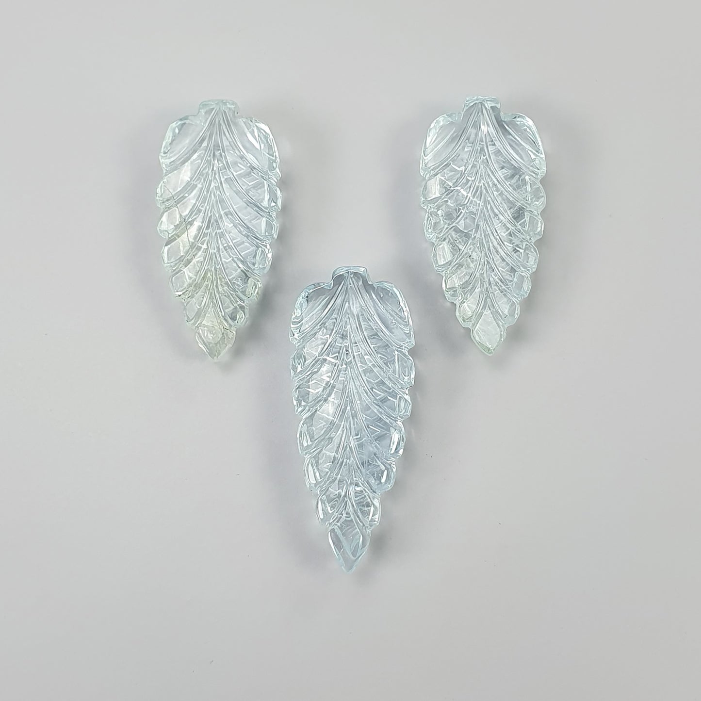AQUAMARINE Gemstone Carving : 66.50cts Natural Untreated Milky Aqua Hand Carved Leaves 30*14.5mm - 34*14mm 3pcs
