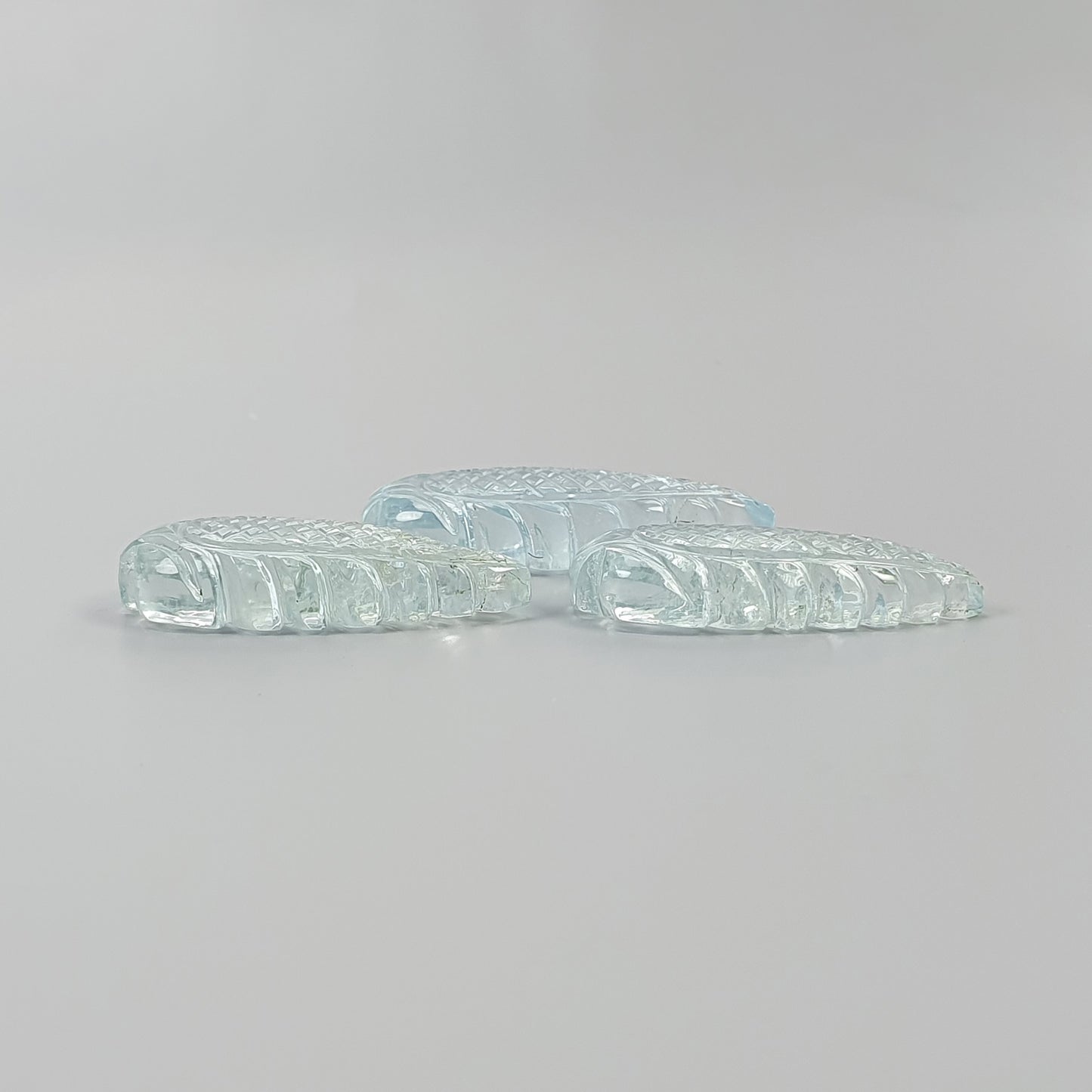 AQUAMARINE Gemstone Carving : 66.50cts Natural Untreated Milky Aqua Hand Carved Leaves 30*14.5mm - 34*14mm 3pcs