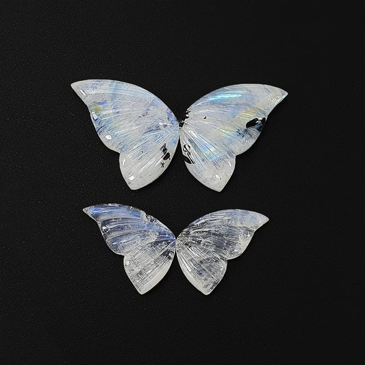Moonstone Gemstone Carving : 39.05cts Natural Untreated Rainbow Moonstone Hand Carved Butterfly 20*11.5mm - 25*15mm 2Pairs