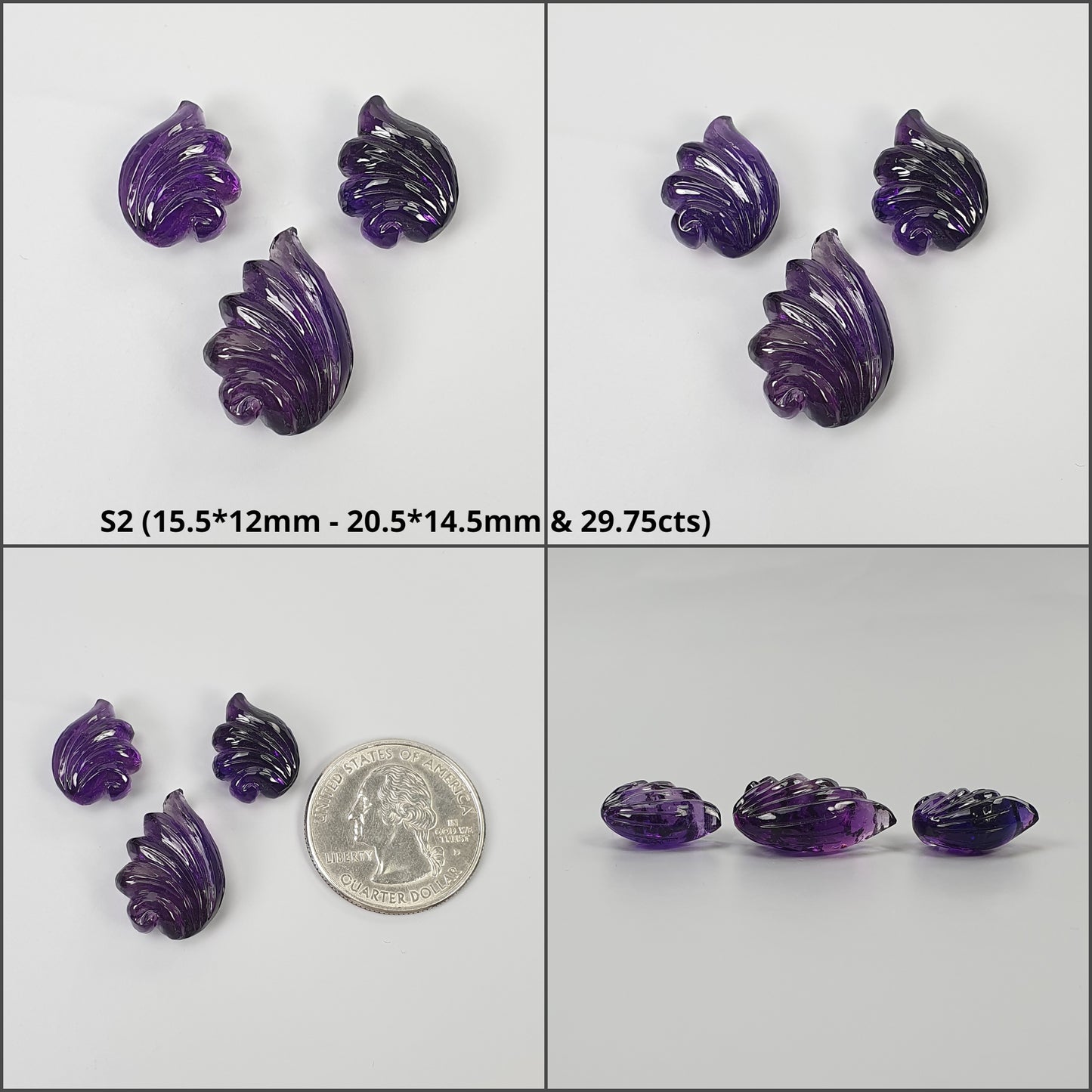 Amethyst Gemstone Carving : Natural Untreated Purple Amethyst Hand Carved Uneven Shape Leaves 3pcs Set