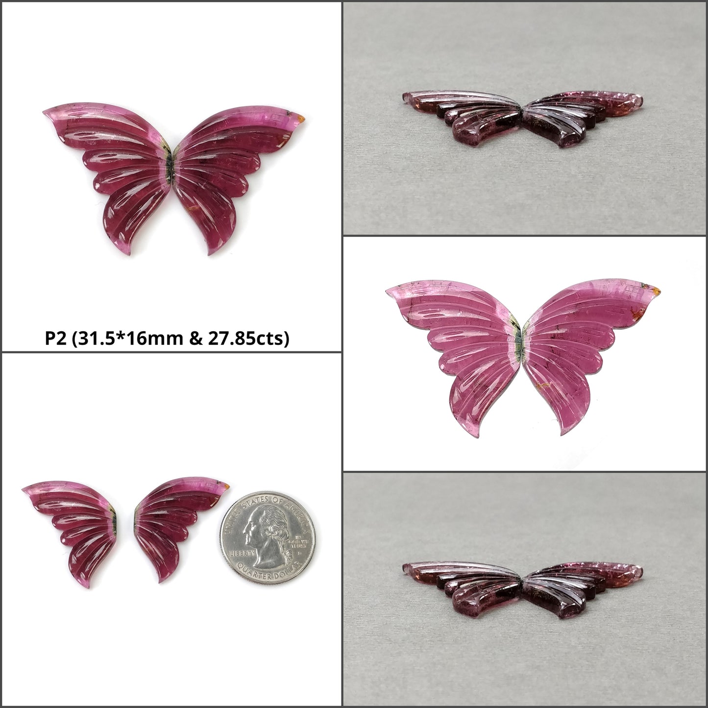 RUBELLITE TOURMALINE Gemstone Carving : Natural Untreated Unheated Watermelon Pink Tourmaline Hand Carved BUTTERFLY Pair
