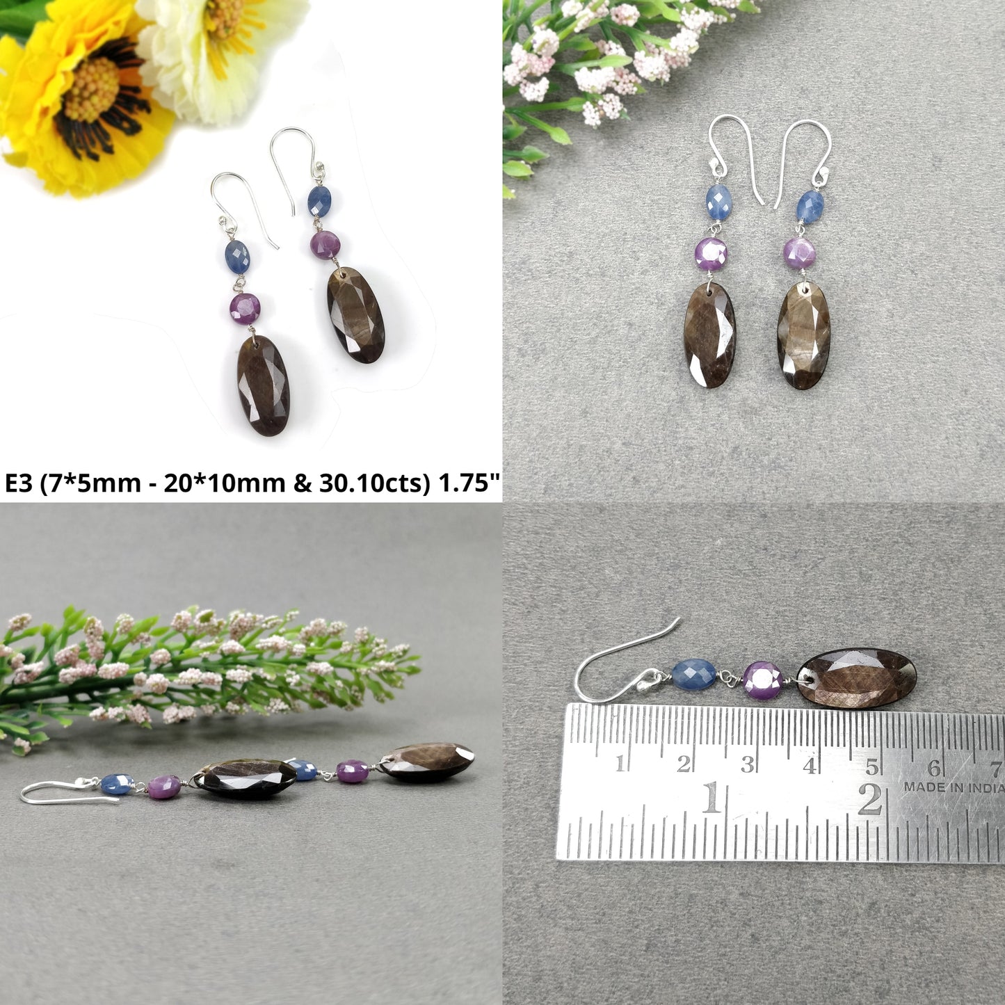 Sapphire & Moonstone Gemstone Earring : Natural Untreated Chocolate Sapphire 925 Sterling Silver Drop Dangle Hook Earring