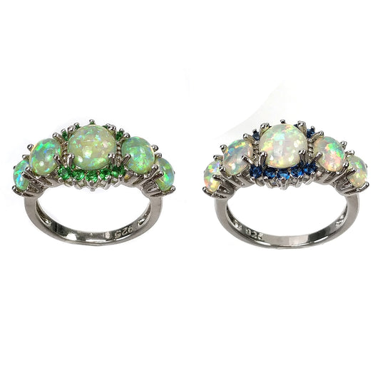GREEN & WHITE Colors Luxe Fire Opal Ring Silver Oval Round Stone Finger Ring Blue Full Crystal Vintage Jewelry Gift for Women