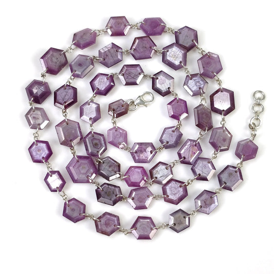 Raspberry Sheen SAPPHIRE Gemstone Normal Cut Necklace : 26.72gms Natural Sapphire Hexagon Faceted Necklace 6.5*8mm-11*10mm 23" (With Video)