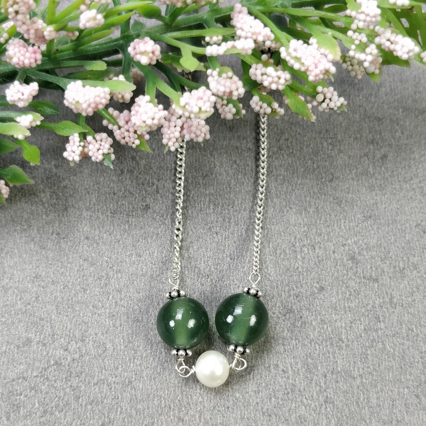 Green SERPENTINE & White PEARL Gemstones Beads Chain NECKLACE : 925 Sterling Silver Natural Round Cabochon 17" Statement Necklace