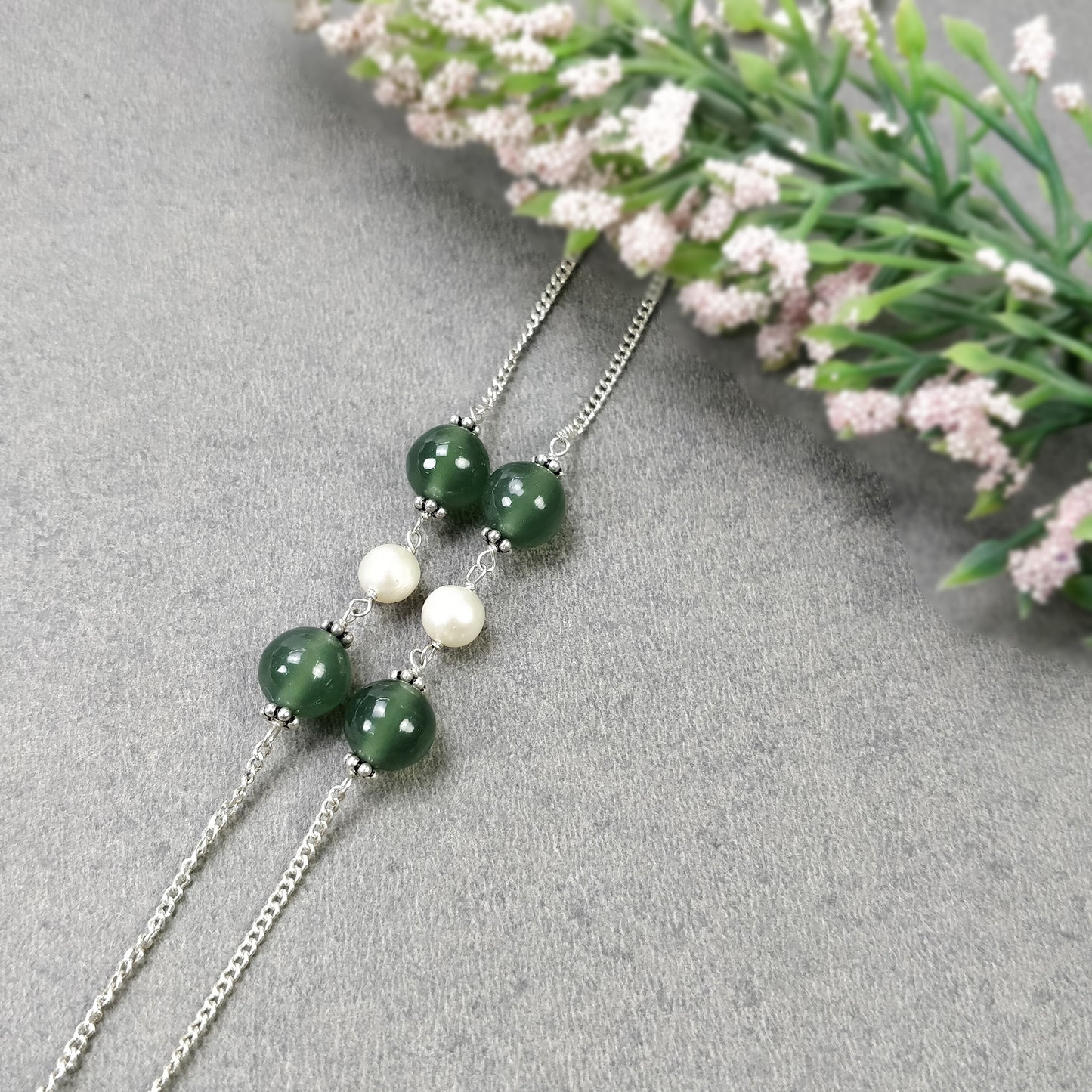Green SERPENTINE & White PEARL Gemstones Beads Chain NECKLACE : 925 Sterling Silver Natural Round Cabochon 17" Statement Necklace