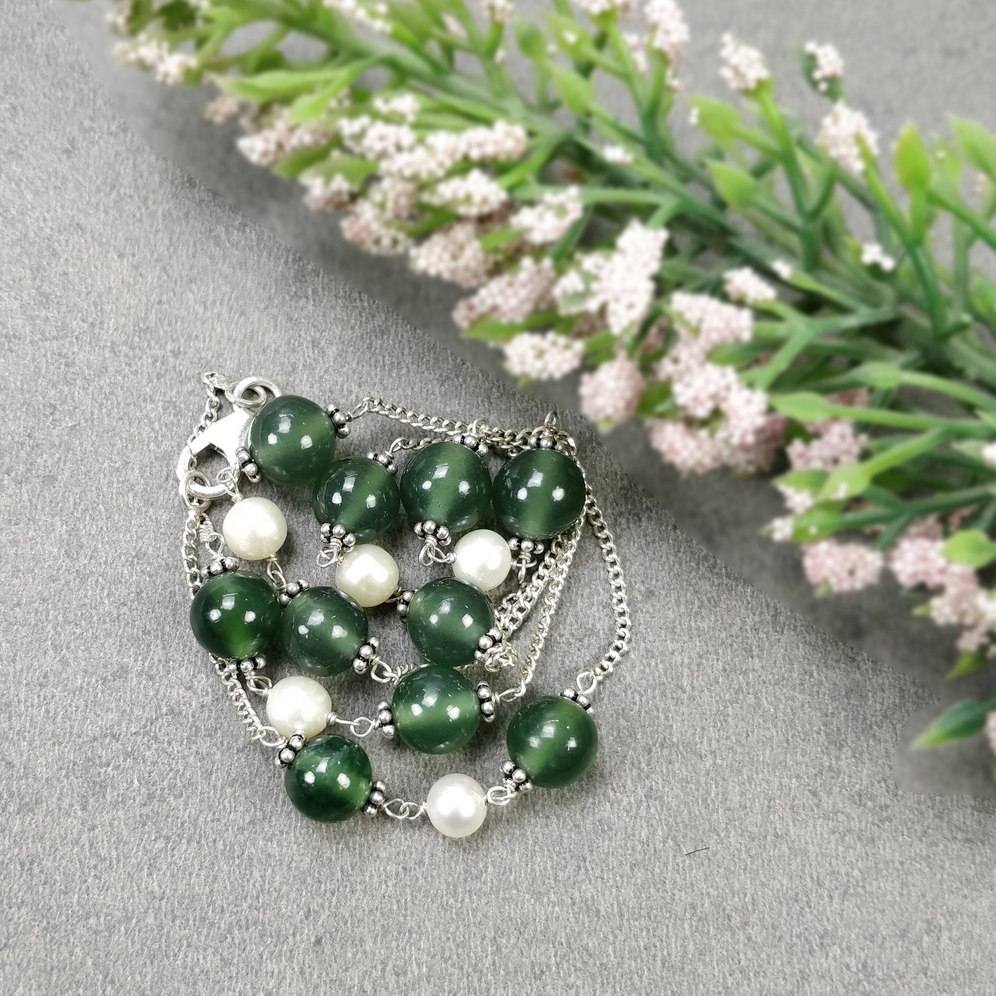 Green SERPENTINE & White PEARL Gemstones Beads Chain NECKLACE : 925 Sterling Silver Natural Round Cabochon 17" Statement Necklace