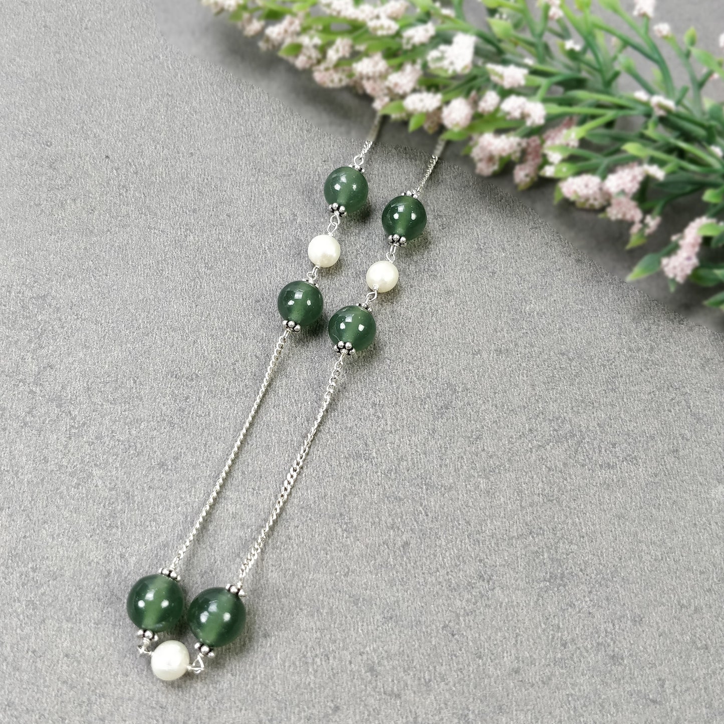 Green SERPENTINE & White PEARL Gemstones Beads Chain NECKLACE : 925 Sterling Silver Natural Round Cabochon 17" Statement Necklace