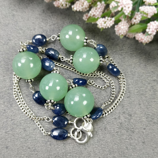 Serpentine, Sapphire Beads 925 Silver Necklace