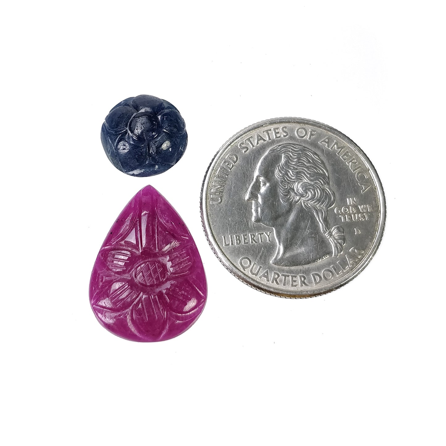 RED RUBY & Blue SAPPHIRE Gemstone Carving : 20.15cts Natural Untreated Ruby Hand Carved Pear and Round 20*15mm - 11mm 2pcs (With Video)