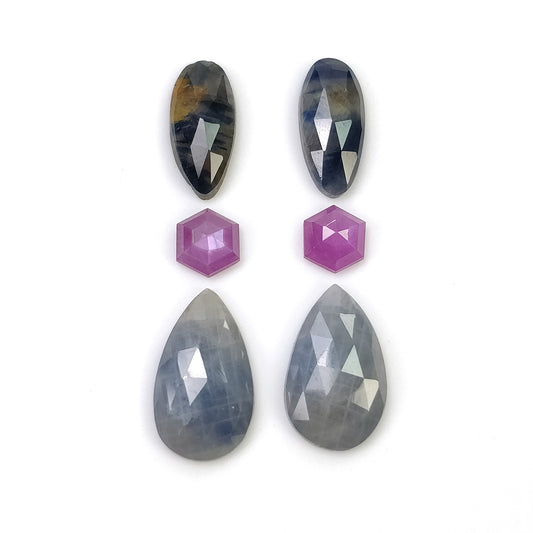 MULTI SAPPHIRE Gemstone Rose & Step Cut : 18.30cts Natural Untreated Sapphire Bi-Color Pear Hexagon 6mm - 15*9.5mm 6pcs