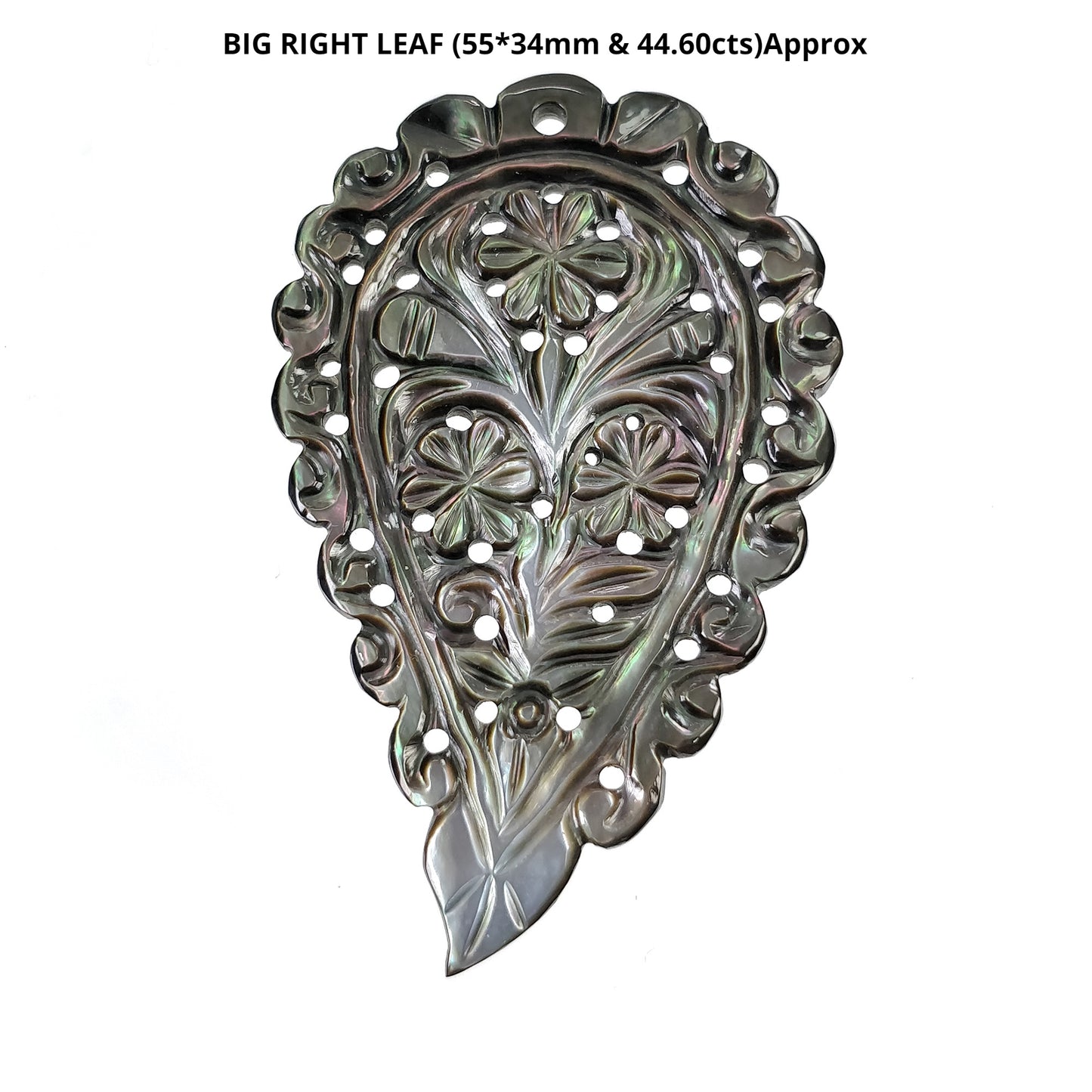 BLACK Mother Of Pearl Gemstone Carving : Natural Untreated MOP One Sided Hand Carved Indian Leaves In Small Medium Big Sizes
