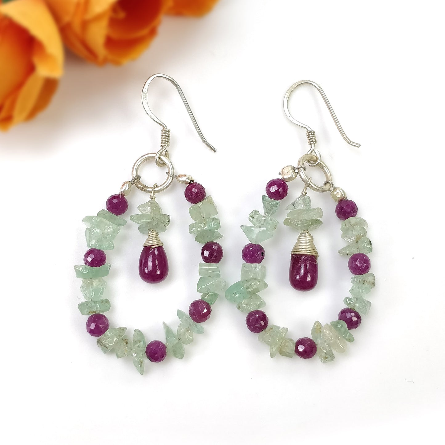 RUBY And EMERALD Uncut Gemstone Beaded Earrings : 8.15gms Natural Untreated 925 Sterling Silver Drop Dangle Hook Earrings 2.5"