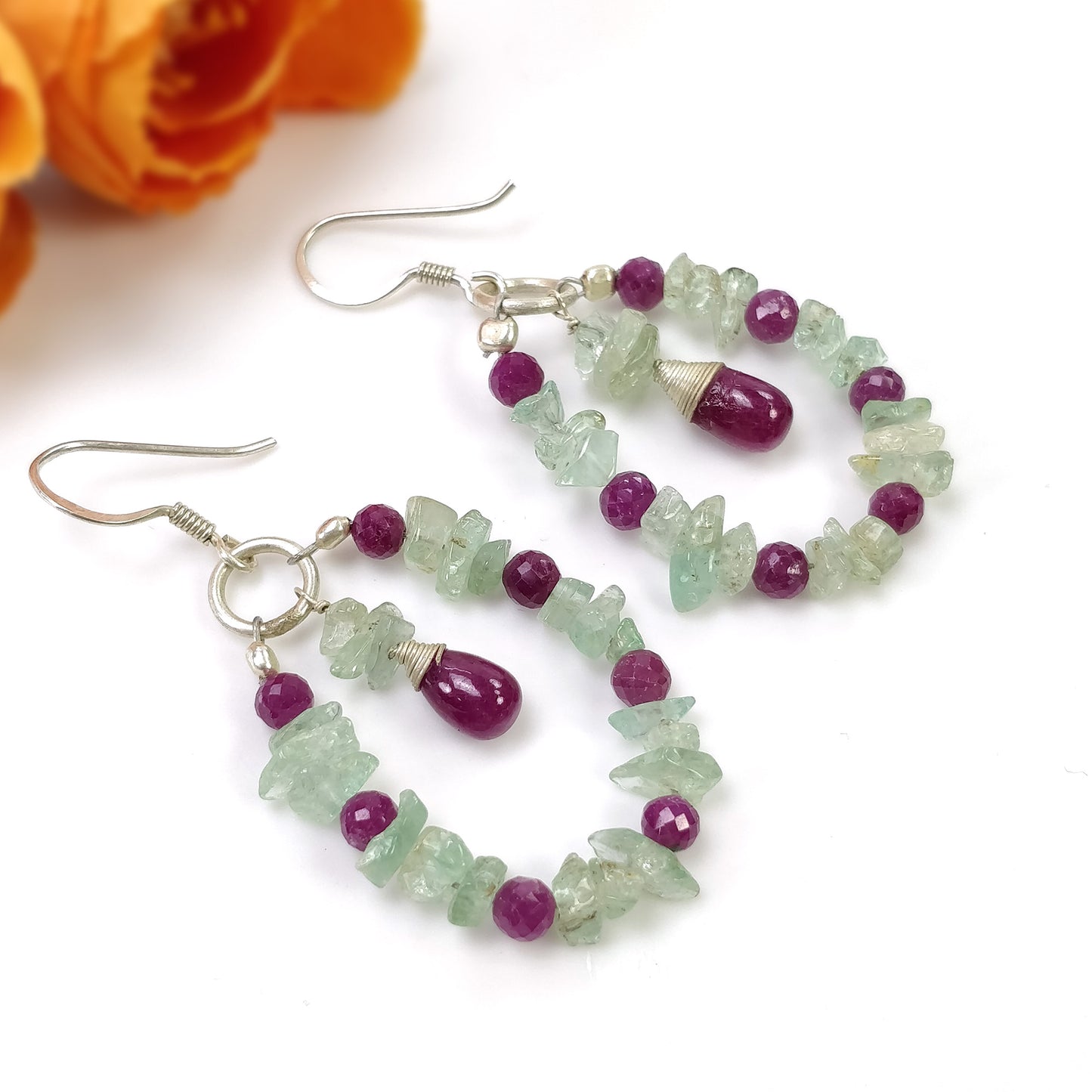 RUBY And EMERALD Uncut Gemstone Beaded Earrings : 8.15gms Natural Untreated 925 Sterling Silver Drop Dangle Hook Earrings 2.5"
