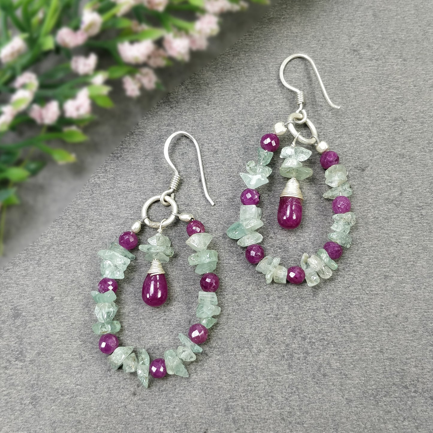 RUBY And EMERALD Uncut Gemstone Beaded Earrings : 8.15gms Natural Untreated 925 Sterling Silver Drop Dangle Hook Earrings 2.5"