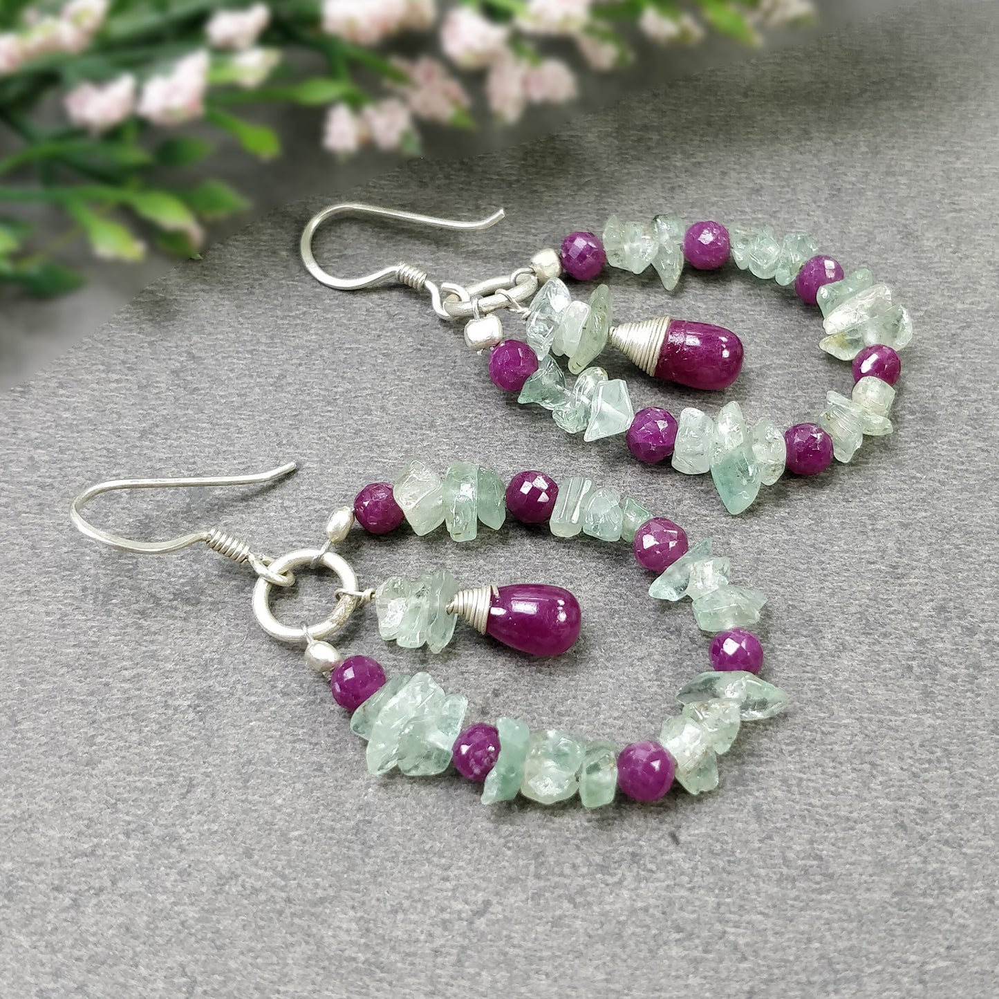 RUBY And EMERALD Uncut Gemstone Beaded Earrings : 8.15gms Natural Untreated 925 Sterling Silver Drop Dangle Hook Earrings 2.5"