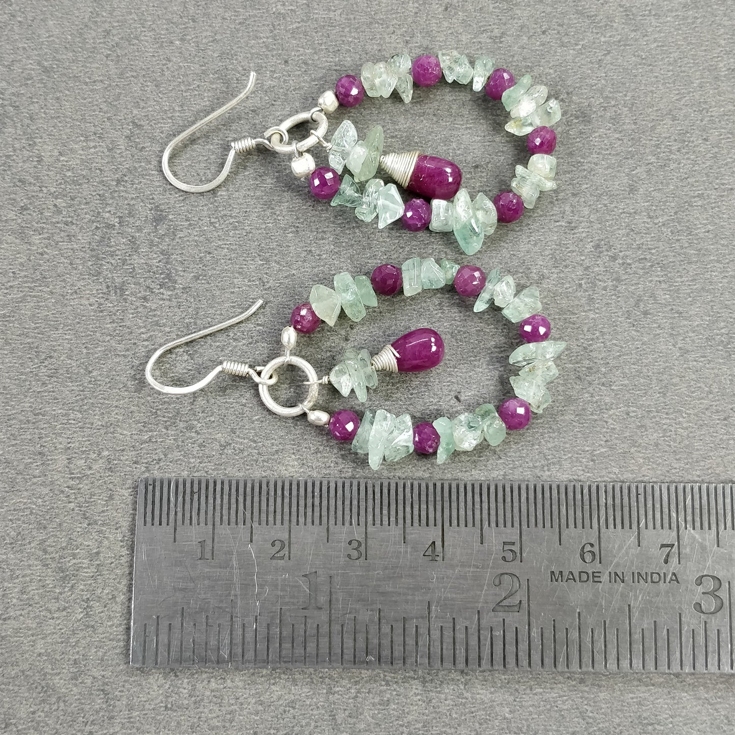 RUBY And EMERALD Uncut Gemstone Beaded Earrings : 8.15gms Natural Untreated 925 Sterling Silver Drop Dangle Hook Earrings 2.5"