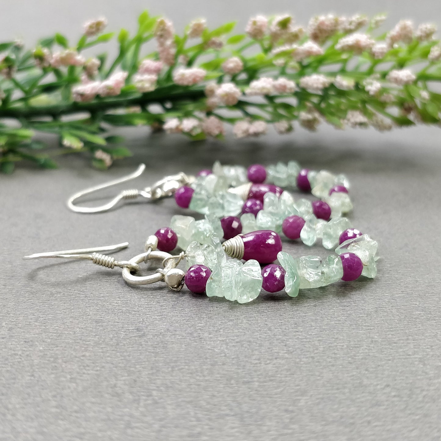 RUBY And EMERALD Uncut Gemstone Beaded Earrings : 8.15gms Natural Untreated 925 Sterling Silver Drop Dangle Hook Earrings 2.5"