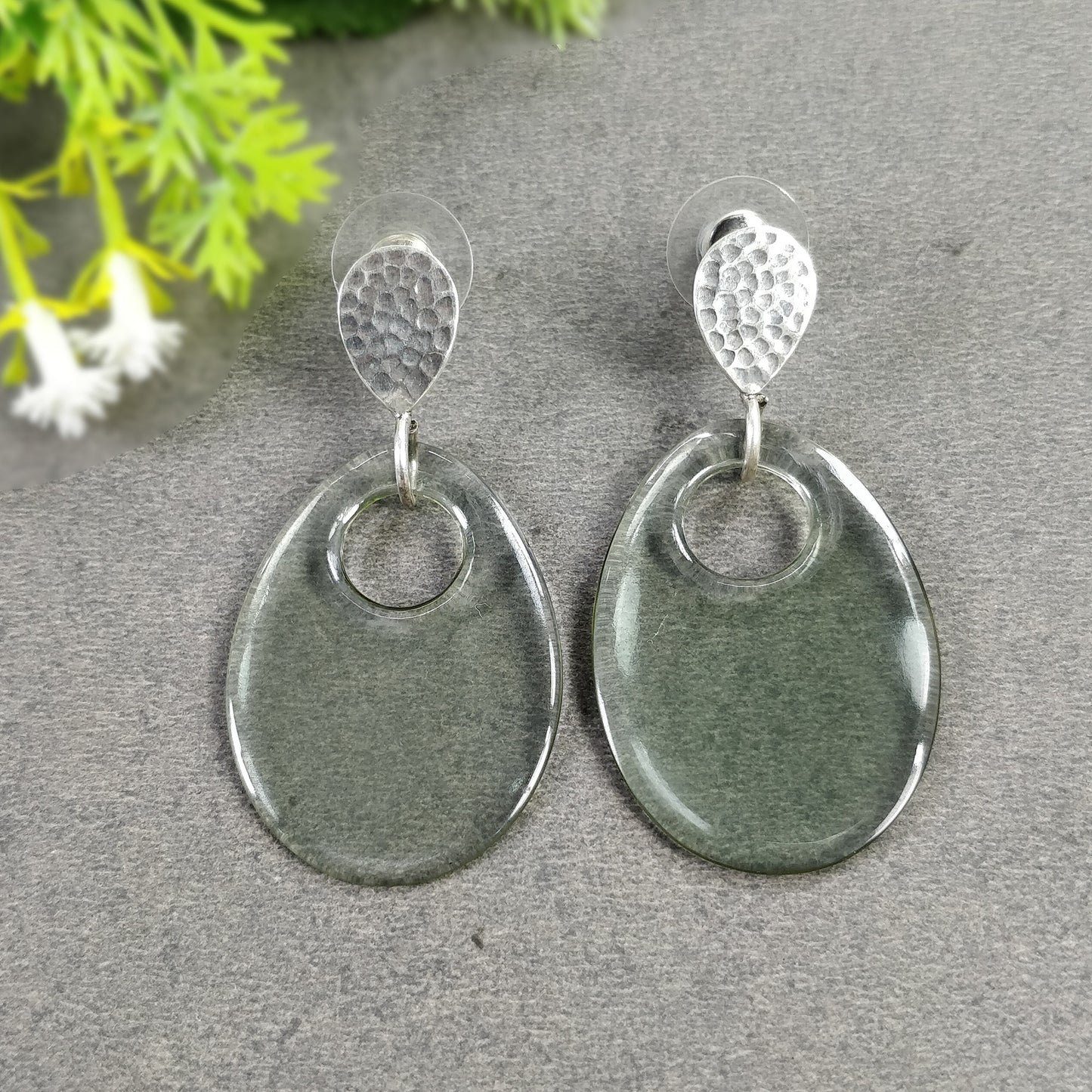 925 Sterling Silver Earring : 10.09gms Synthetic Manmade Green & Gray Rhinestone Gemstone Drop Dangle Push Back Earrings 2" (With Video)