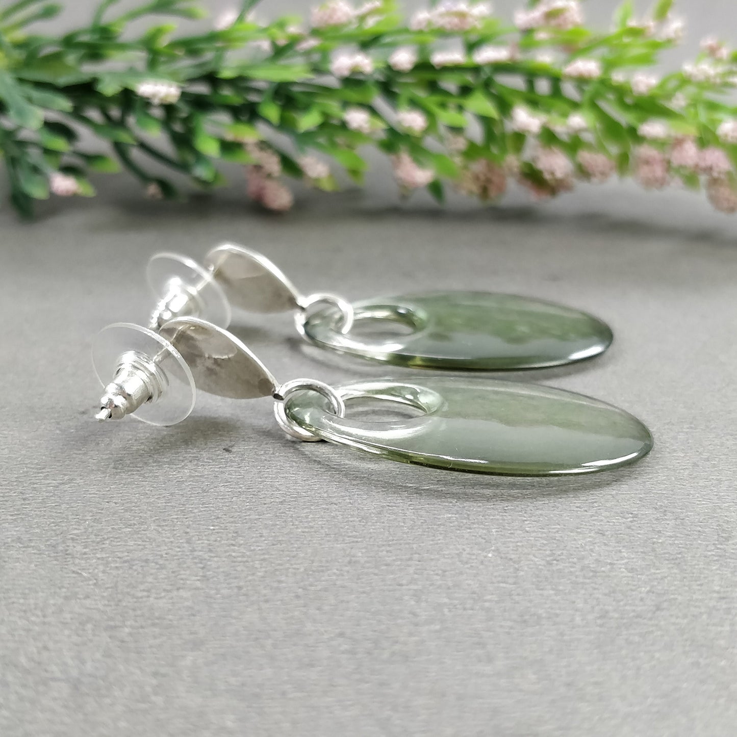 925 Sterling Silver Earring : 10.09gms Synthetic Manmade Green & Gray Rhinestone Gemstone Drop Dangle Push Back Earrings 2" (With Video)