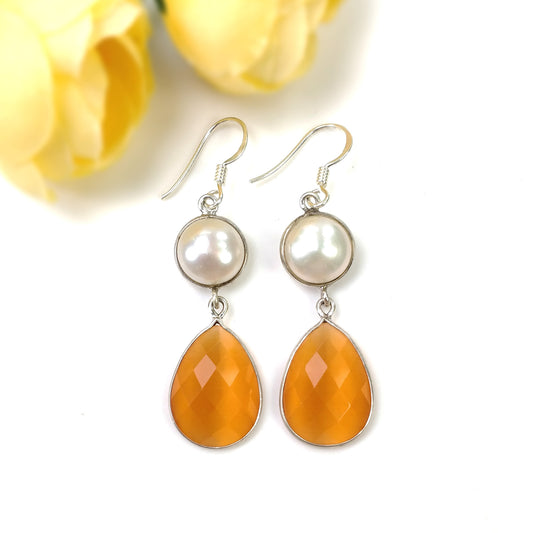 PEARL & Synthetic Rhinestone Gemstone 925 Sterling Silver Earring : 7.11gms Manmade Bezel Set Drop Dangle Hook Earrings 2"