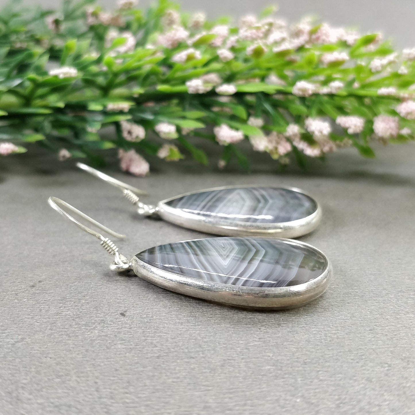 BOTSWANA AGATE Gemstone Earrings : 12.520gms Natural 925 Sterling Silver Bi-Color Round Bezel Set Drop Dangle Hook Earring 2"