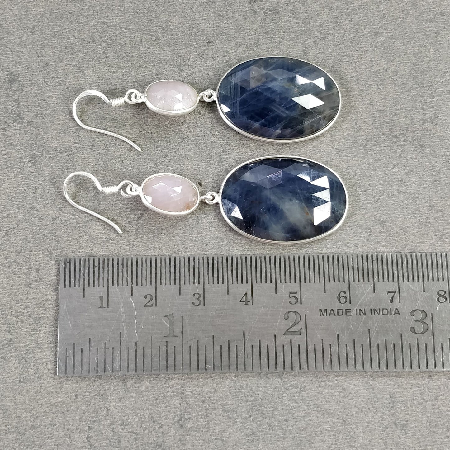 BLUE & PINK SAPPHIRE Gemstone Earring : 15.20gms Natural Sapphire 925 Sterling Silver Drop Dangle Bezel Set Hook Earrings 2.35"