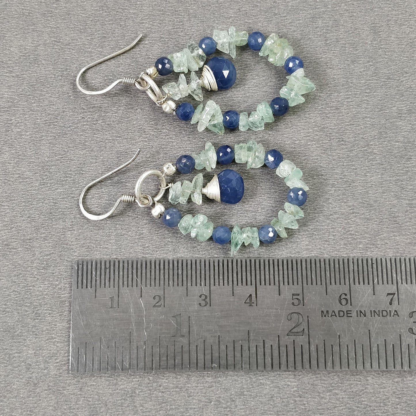 BLUE SAPPHIRE And EMERALD Uncut Gemstone Beaded Earrings : 8.05gms Natural 925 Sterling Silver Drop Dangle Hook Earrings 2.15"