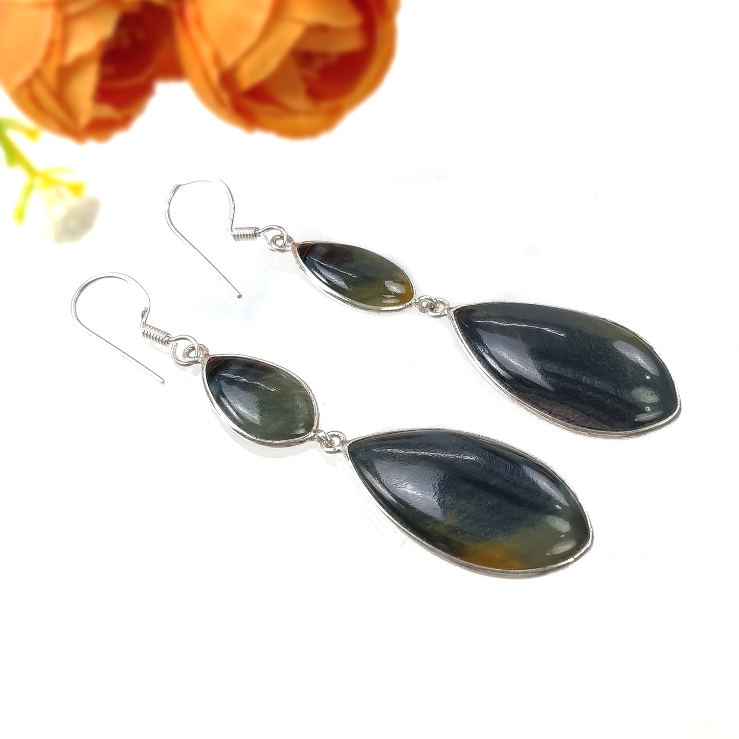 TIGER EYE Gemstone Earrings : 9.73gms Natural Tiger Eye 925 Sterling Silver Black Cabochon Bezel Set Drop Dangle Earring 2.90"