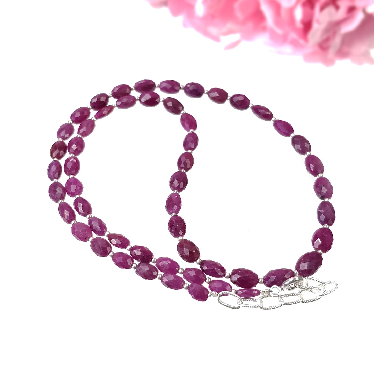 RUBY Gemstone Checker Cut NECKLACE : 15.84gms Natural Untreated Faceted Oval Shape Ruby With 925 Sterling Silver 5.5*4mm - 8.5*6m 17"