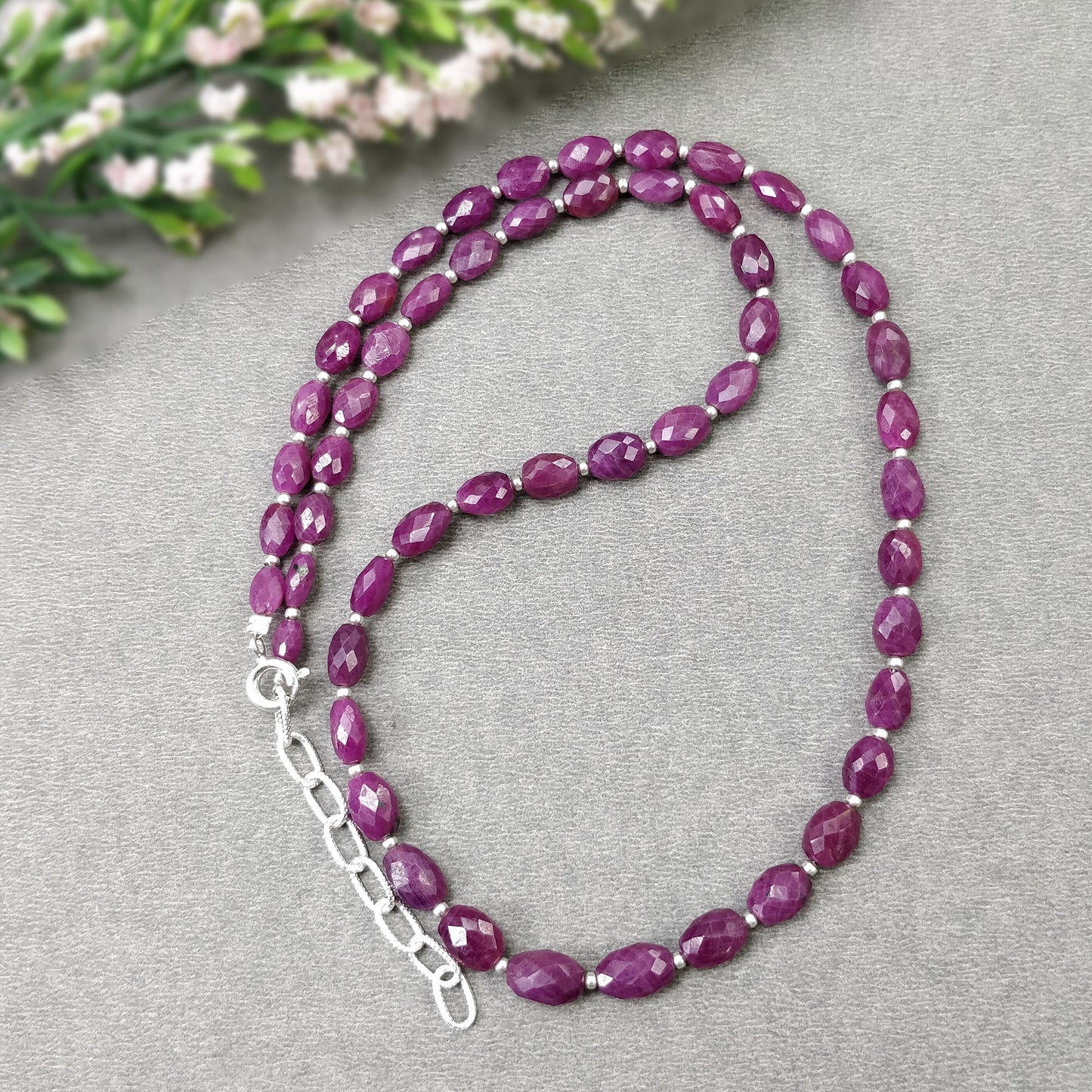 RUBY Gemstone Checker Cut NECKLACE : 15.84gms Natural Untreated Faceted Oval Shape Ruby With 925 Sterling Silver 5.5*4mm - 8.5*6m 17"