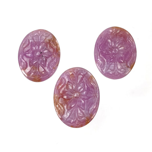 Raspberry Sheen SAPPHIRE Gemstone Carving: 104.20cts Natural Untreated Pink Sapphire Hand Carved Oval 34.5*25.5mm - 36*27mm 3pcs