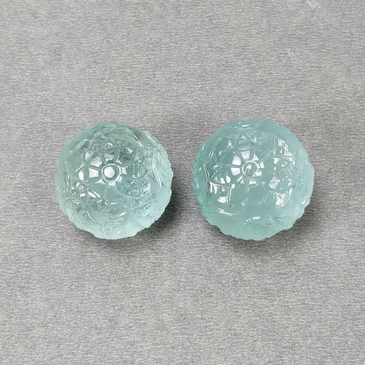 MILKY AQUAMARINE Gemstone CARVING : 166cts Natural Untreated Aquamarine Hand Carved Round Briolette 25mm Pair