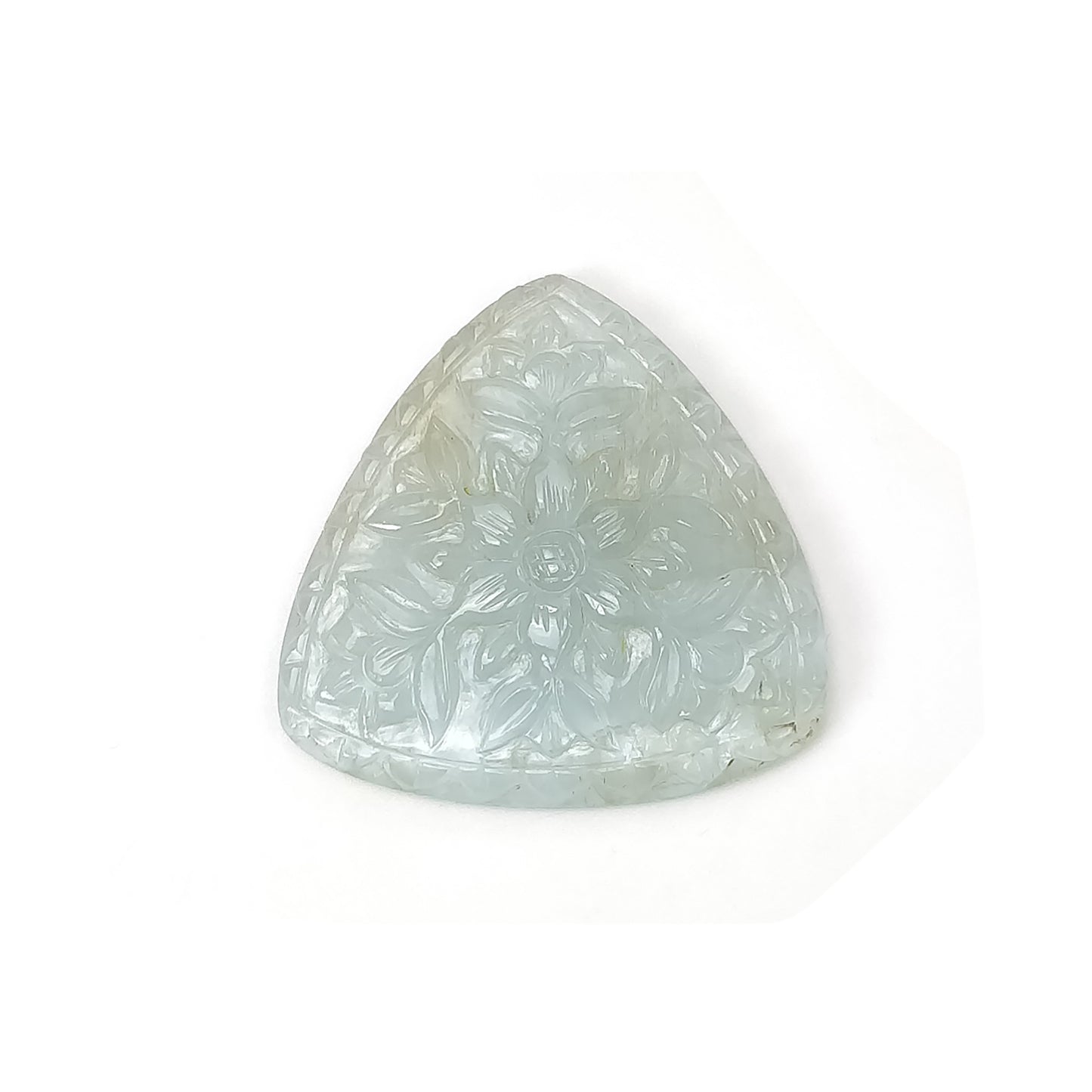 Milky AQUAMARINE Gemstone Carving : 38.50cts Natural Untreated Aqua Both Side Hand Carved Trillion Shape 34mm