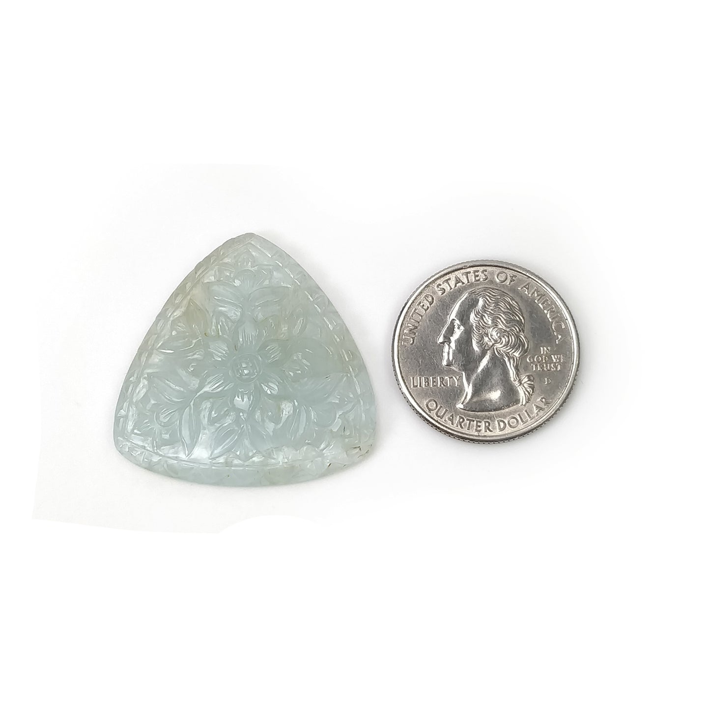 Milky AQUAMARINE Gemstone Carving : 38.50cts Natural Untreated Aqua Both Side Hand Carved Trillion Shape 34mm