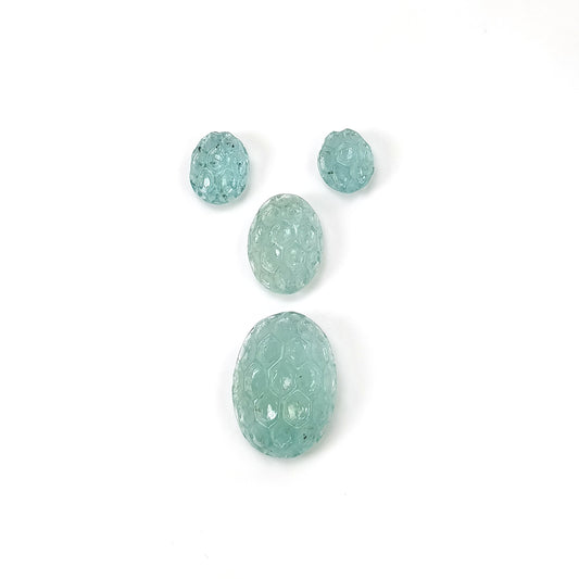 GREEN AQUAMARINE Gemstone Carving : 38.50cts Natural Untreated Aqua Both Side Hand Carved Oval Shape 11*9mm - 23*16.5mm 4pcs