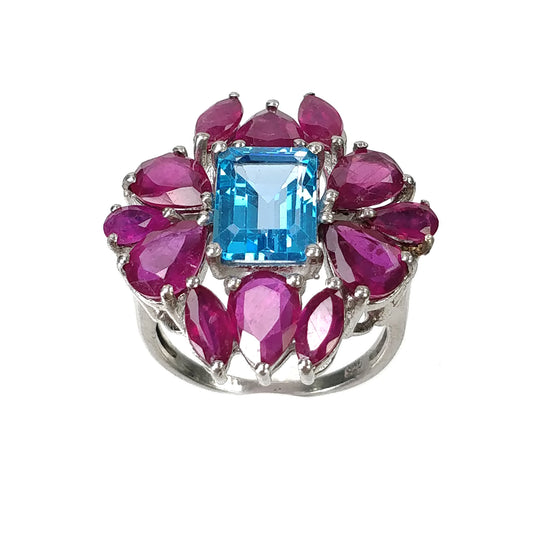 RUBY Blue Topaz Gemstone RING : 6.92gms 925 Sterling Silver Natural Ruby & Topaz Normal Cut Prong Set Ring For Women 6.75US