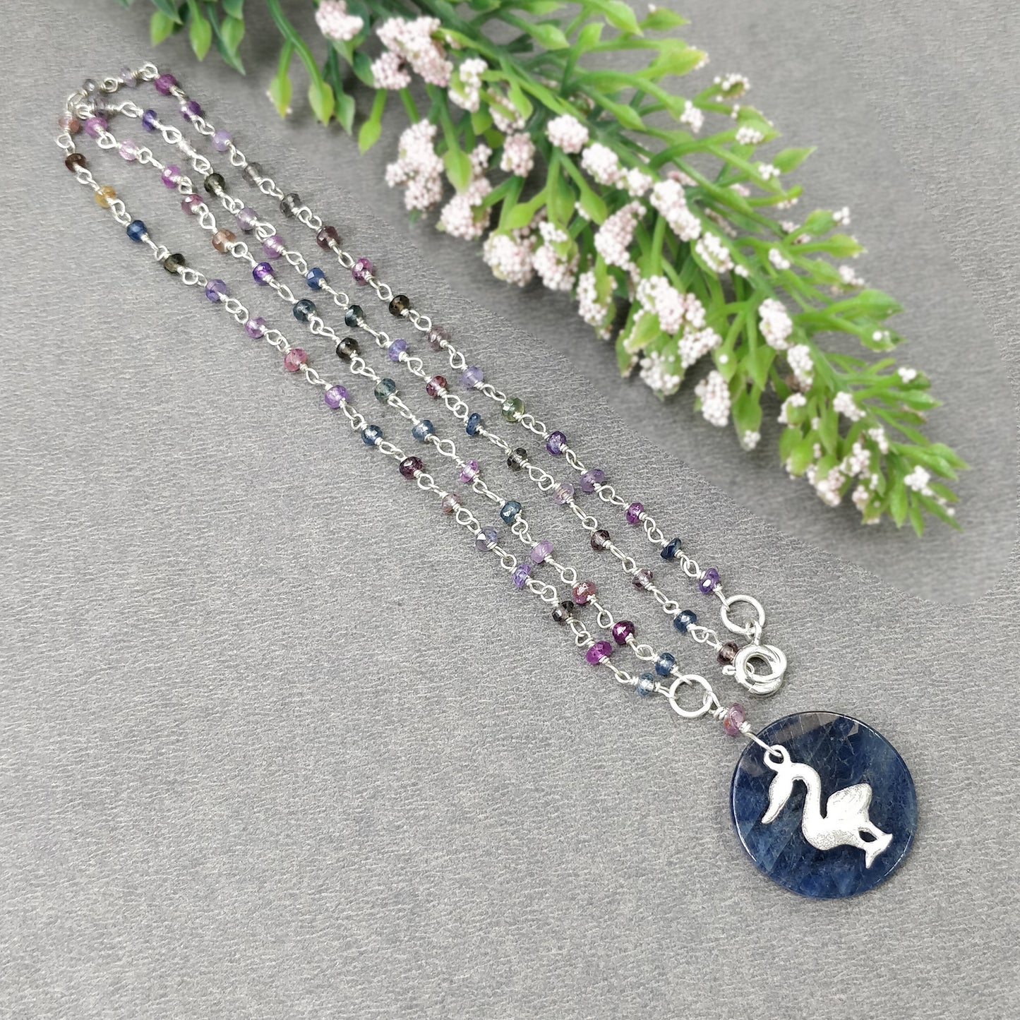 925 Sterling Silver Jewelry :  Natural Untreated BLUE SAPPHIRE Gemstone 1.85" Beaded Necklace Drop Dangle Earring Jewelry Set