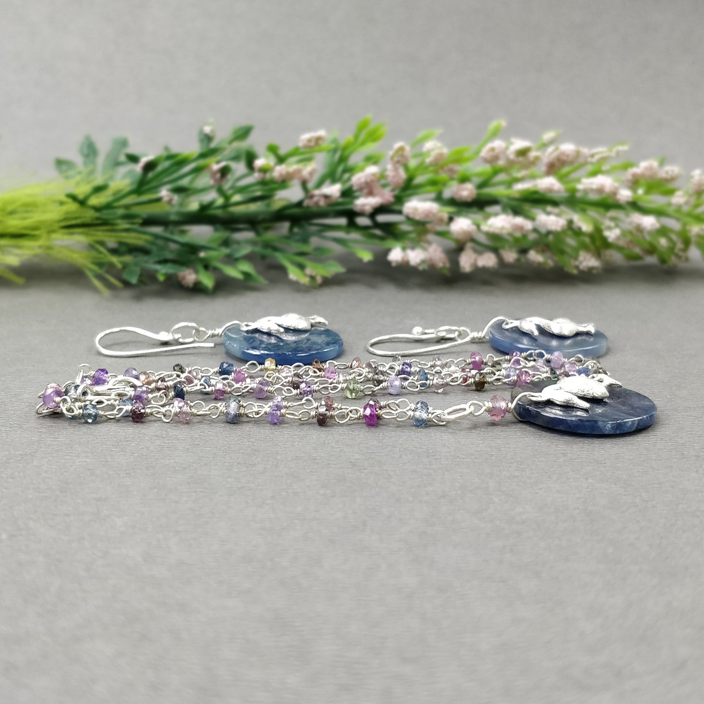 925 Sterling Silver Jewelry :  Natural Untreated BLUE SAPPHIRE Gemstone 1.85" Beaded Necklace Drop Dangle Earring Jewelry Set