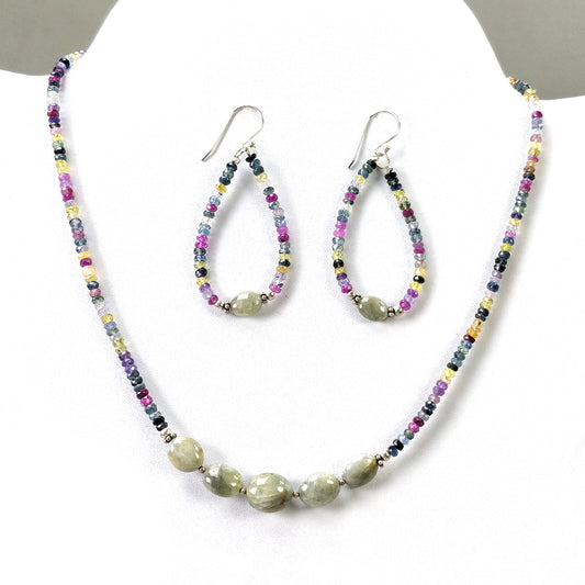 Multi SAPPHIRE & Chrysoberyl CAT'S EYE Gemstones Jewelry : Natural Untreated Sapphire 16" Beaded Necklace Earring Jewelry Set