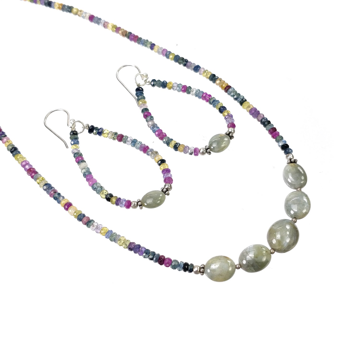 Multi SAPPHIRE & Chrysoberyl CAT'S EYE Gemstones Jewelry : Natural Untreated Sapphire 16" Beaded Necklace Earring Jewelry Set