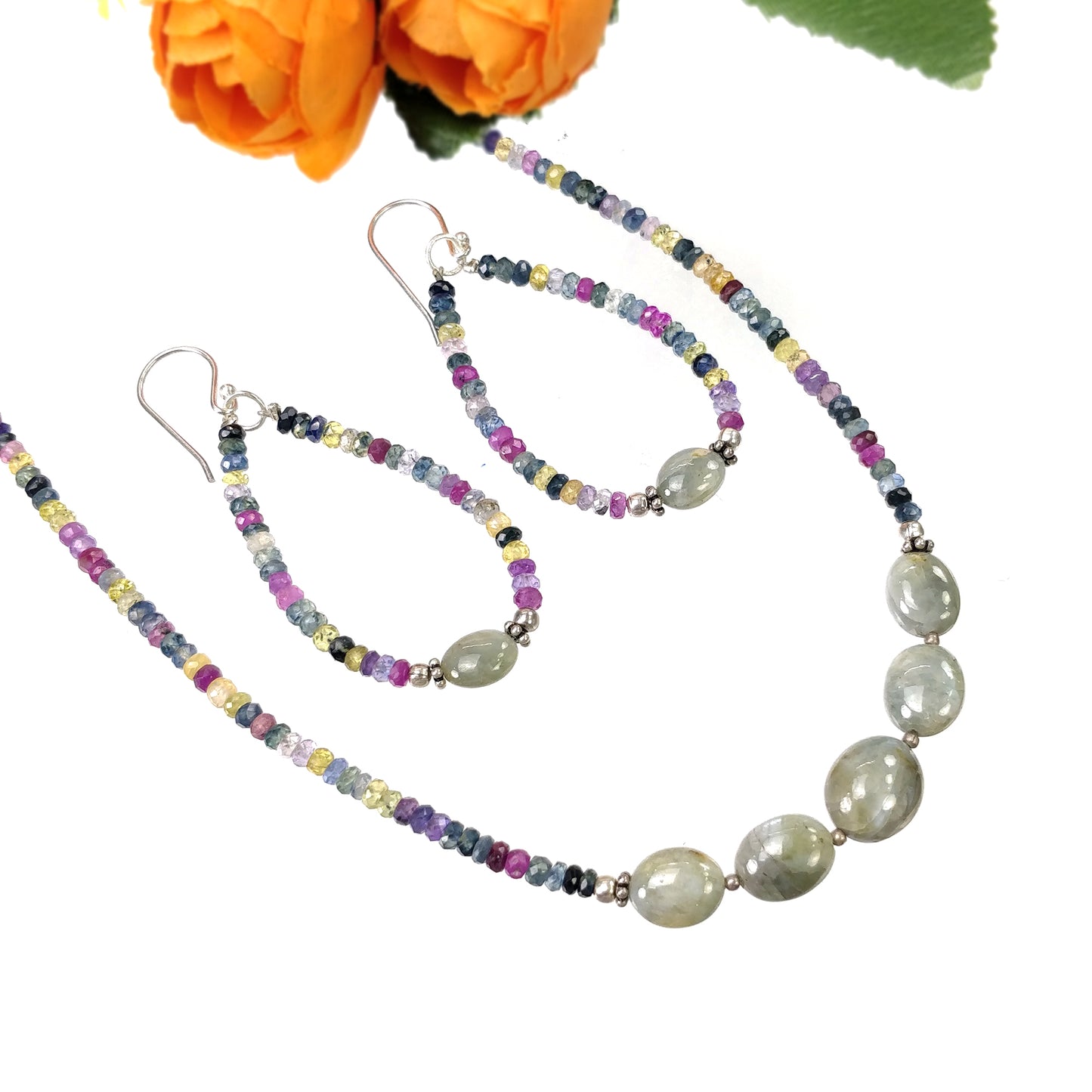Multi SAPPHIRE & Chrysoberyl CAT'S EYE Gemstones Jewelry : Natural Untreated Sapphire 16" Beaded Necklace Earring Jewelry Set