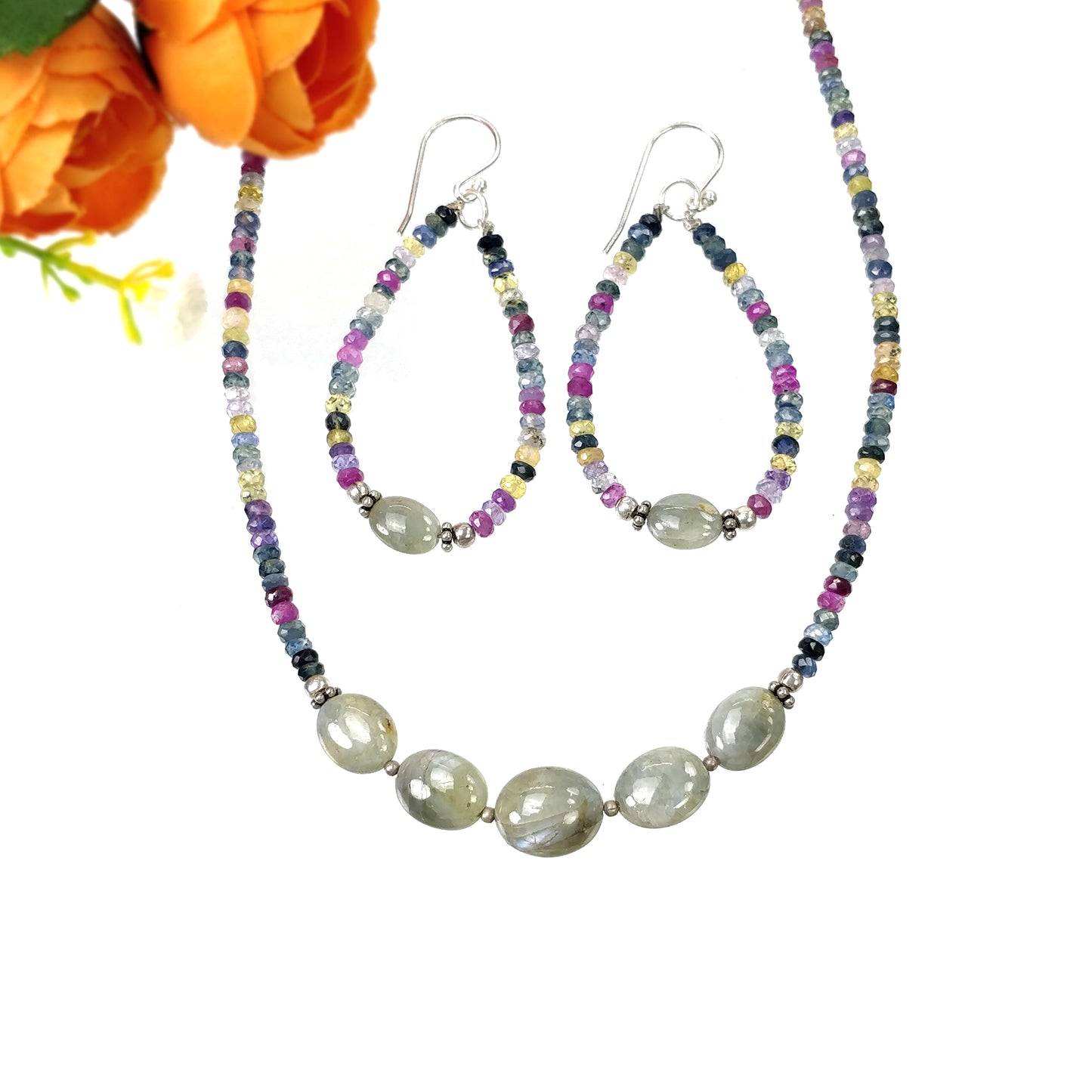 Multi SAPPHIRE & Chrysoberyl CAT'S EYE Gemstones Jewelry : Natural Untreated Sapphire 16" Beaded Necklace Earring Jewelry Set