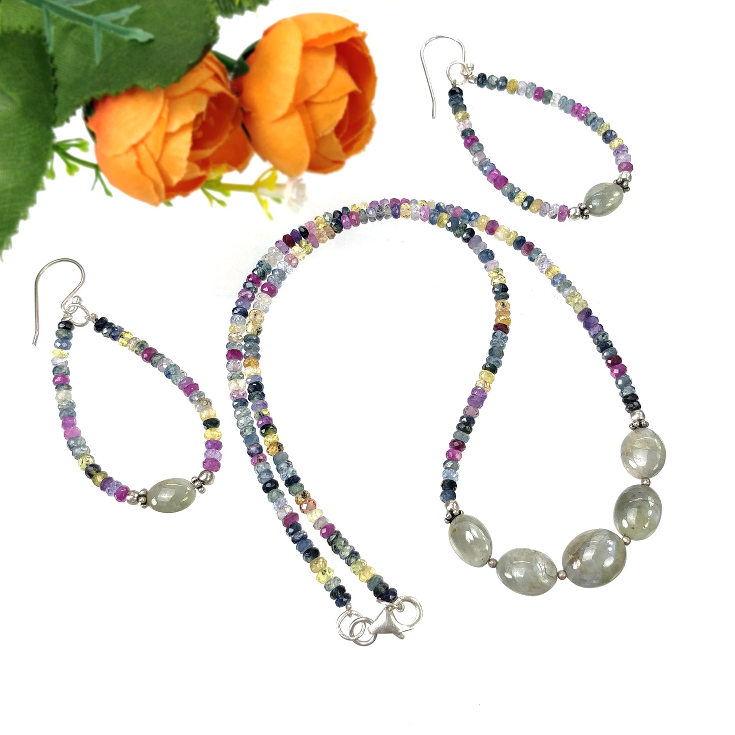 Multi SAPPHIRE & Chrysoberyl CAT'S EYE Gemstones Jewelry : Natural Untreated Sapphire 16" Beaded Necklace Earring Jewelry Set